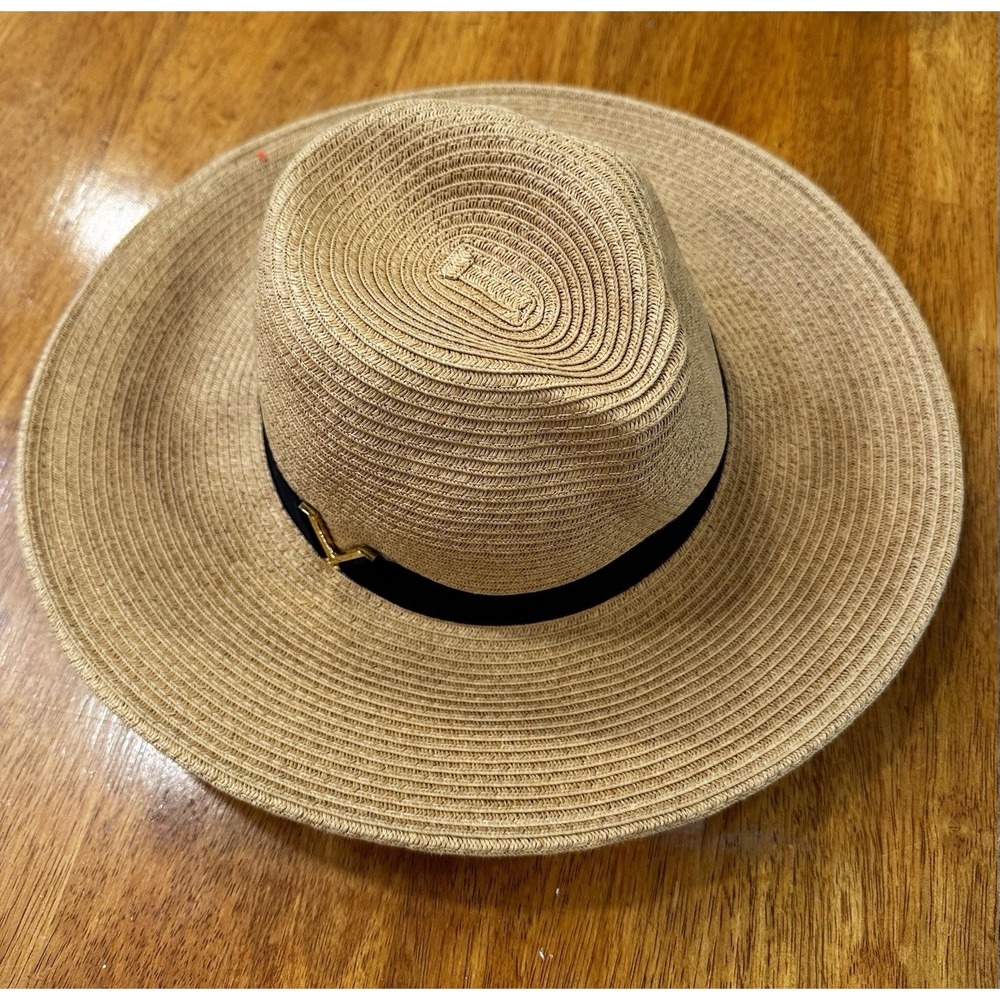 Vince Camuto Natural Paper Straw Fedora With Black Trim Women Adjusted Hat